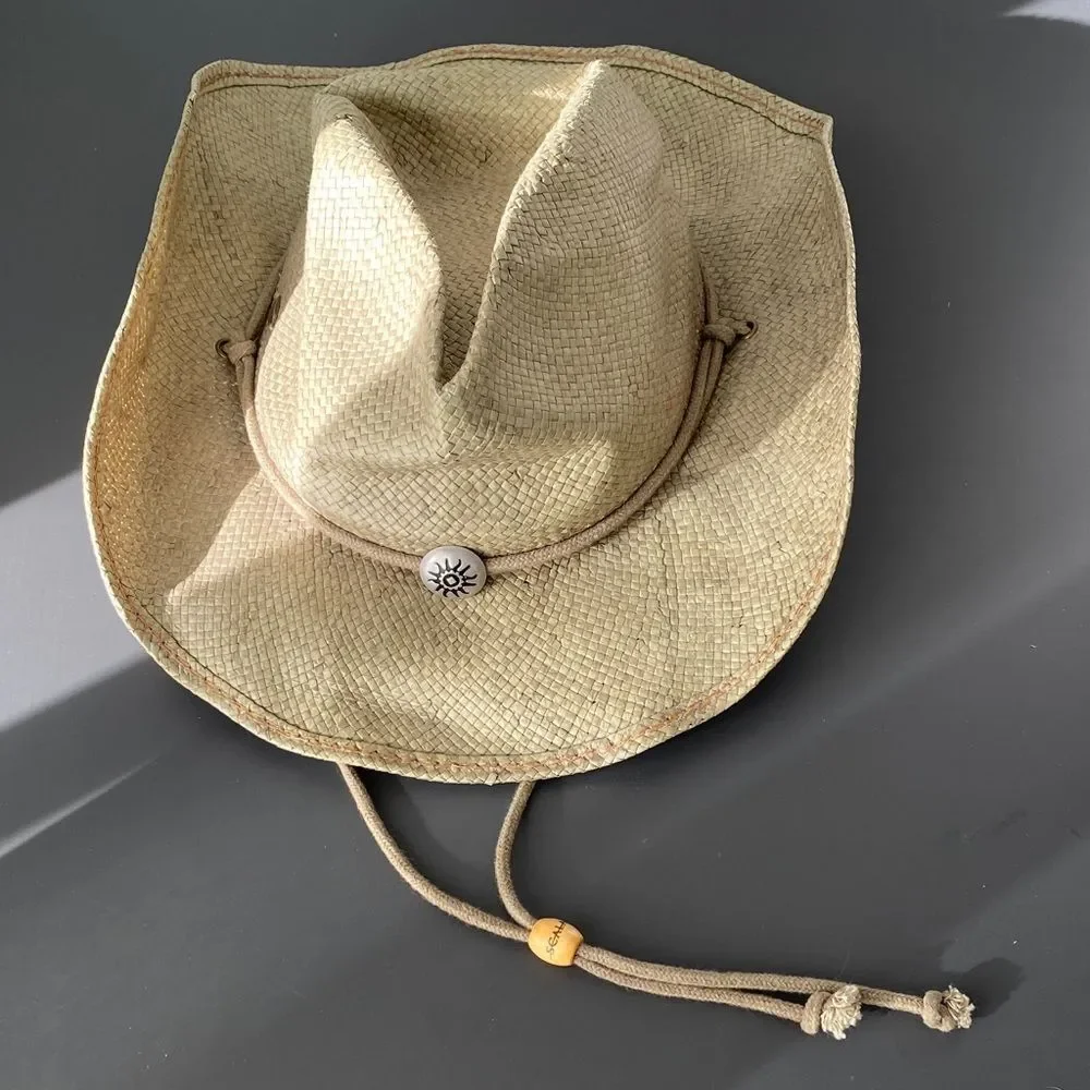Scala Natural Straw Hat w/ Chin Strap Wired OS Western Outdoor Vacation Casual